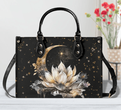 Witchy Lotus Flower And Crescent Moon Faux Leather Handbag, Cute Women Hand Bag Shoulder Bag, Vegan Strap, Boho Gift