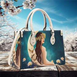 Women Leather Handbag Tote Handbag Beautiful Spring Retro Blue Girl Gazing At The Moon Design Blue, Green Spring Summer