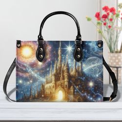 Women Leather Handbag Tote Unique Beautiful Art Deco Design Cosmic Gold Sun Castle Moon Stars Abstract Art Handbag