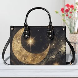 Women Leather Handbag, Tote Unique Beautiful Art Deco Design Gold Black Moon Cosmic Stars In The Night Abstract Art