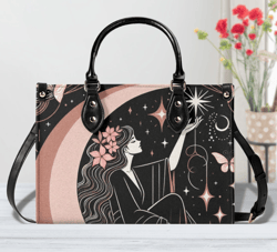 Women Leather Handbag, Tote Unique Beautiful Art Deco Design Women Girl Gazing At The Moon Touching The Stars Abstract