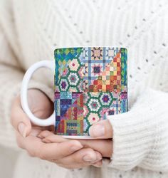 Boho Patchwork Mug For Quilter Lover, Patchwork Coffee Cup Vintage Patchwork Print Quilting Mom Quilter Mug Patchwork