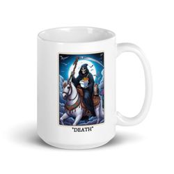 DEATH with cat tarot card mug - asst sizes - mic and washer safe - fun mug for fantasy readers - tarot