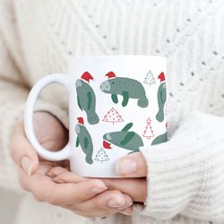 Manatee Christmas Mug For Manatee Lover, Christmas Manatees Coffee Cup, Holiday Sea Cow Print Coffee Mug, Funny Sea