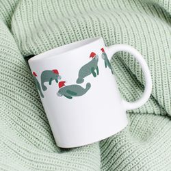 Manatee Christmas Mug For Manatee Lover, Christmas Manatees Coffee Cup, Holiday Sea Cow Print Coffee Mug, Funny Sea Mug