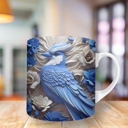 3D Blue Bird White Flowers Mug, 11oz And 15oz Mug, Mug Design