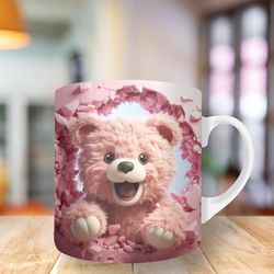3D pink teddy bear Mug, 11oz And 15oz Mug, Mug Design