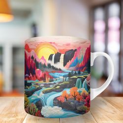 embroidered landscape colorful mug, 11oz and 15oz mug, mug design