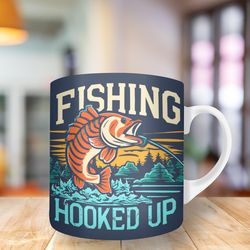 3d fishing hooked up colorful mug png, 11oz and 15oz mug, mug design