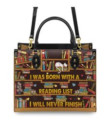 I Was Born With A Reading List Leather HandBag, Woman Shoulder Bag,Shopping Bag, Book Handbag, Gift For Her