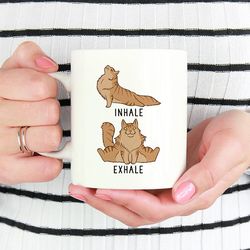 Inhale Exhale Maine Coon Cat Coffee Mug, Fluffy Cat Yoga 11oz Coffee Mugs, Funny 15oz Mug