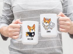 Personalized Bride and Groom Corgi Mugs, Custom Name Coffee Mug, Dog Couple Mug