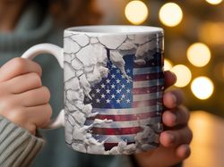 Wrap around Patriotic American Flag Coffee Mug, Distressed USA Flag, Veterans Day Memorial Gift, Ceramic Mug for Militar