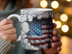 wrap around patriotic american flag mug, cracked wall illusion, usa pride coffee mug, unique gift, veterans day accessor
