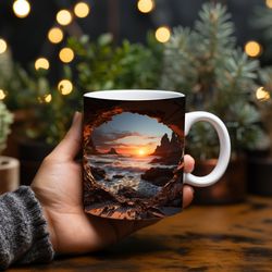 3D Tropical Beach Sunrise through a Cave Landscape Mug,  Coastal 11oz  15oz Coffee Cups