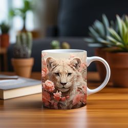 Adorable 3D White Lion Cub Amidst Flower Petals Mug, for 11oz  15oz Coffee Cups
