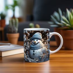 Snowman Hole In Snowflakes 3D Mug, 3D Winter Snow Man