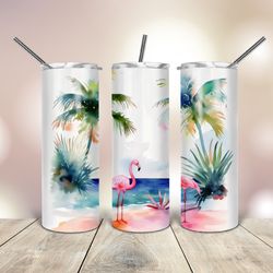 20 Oz skinny Tumbler  Pink Flamingo on the Beach, Gift For Lover, Gift For Her