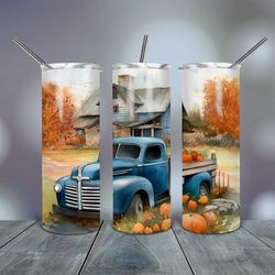Blue Farm Truck with Pumpkins Tumbler  20 Oz, Gift For Lover, Gift For Her