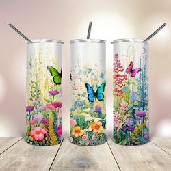 Butterflies and Wild Flowers Tumbler 20 Oz, Gift For Lover, Gift For Her