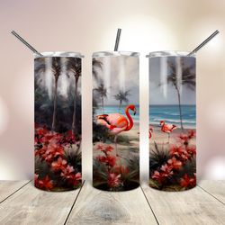 Flamingo on The Floral Beach Tumbler  20 Oz, Gift For Lover, Gift For Her