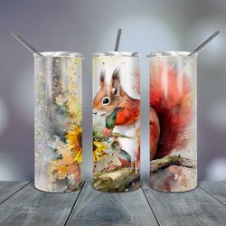 Squirrel Sunflower Watercolor Tumbler  20 Oz, Gift For Lover, Gift For Her