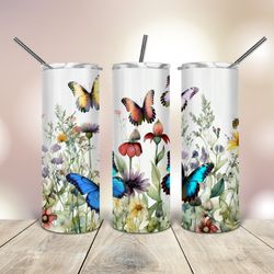 Watercolor Butterfly Flowers 20 Oz skinny Tumbler , Gift For Lover, Gift For Her