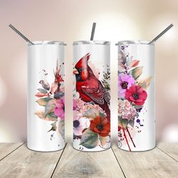 Watercolor Cardinal with Anemones  20 Oz skinny Tumbler, Gift For Lover, Gift For Her