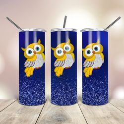 Yellow Owl Blue Glitter 20 Oz Tumbler, Gift For Lover, Gift For Her