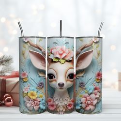 Floral Deer Animals 3D Tumbler, Birthday Gift Mug, Skinny Tumbler, Gift For Kids