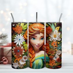 3D Inflated Anna With Flowers Tumbler 20oz Frozen 20oz, Birthday Gift Mug, Skinny Tumbler, Gift For Kids, Gift for Lover