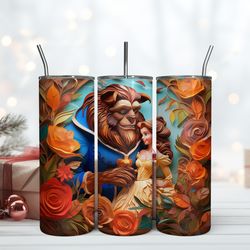 3D Inflated Beauty And The Beast With Roses 20oz Tumbler , Birthday Gift Mug, Skinny Tumbler, Gift For Kids, Gift for Lo