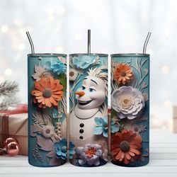 Olaf Snowman With Flowers 3D Inflated Tumbler Olaf Tumbler 20oz, Birthday Gift Mug, Skinny Tumbler