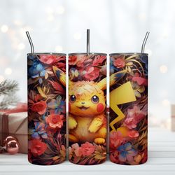 3D Pikachu Pink Flower Tumbler 20oz Pokemon Tumbler 20oz, Birthday Gift Mug, Skinny Tumbler, Gift For Kids, Gift for Lov