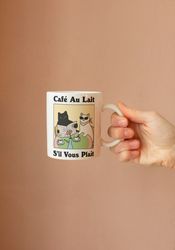 French Cafe Au Lait Cat Coffee Mug, Retro Drink Mug, Un Cafe Sil Vous Plait, Bistro Coffee Mug