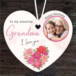 Grandma Floral Pink Photo Frame Birthday Gift Heart Personalised Ornament