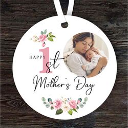 Pink Photo Floral First Mothers Day Gift Round Personalised Ornament
