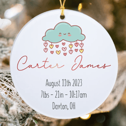 personalized birth announcement ornament heart and cloud, custom newborn baby birth stats keepsake,customized baby gift