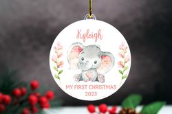 My First Christmas Pink Ornament,Custom Gift For Girl,Floral Elephant Acrylic Tree Decor