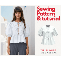 Puffed Sleeve Peplum Top | Instant Download Digital Sewing Pattern | Front Tie Blouse | XXS-XXL | Beginner Friendly