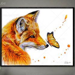 Fox & Butterfly wall art print Watercolor red fox poster Baby Fox painting Woodland animal nursery kids room wall decor