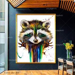 Raccoon warm colors wall art Modern watercolor painting Racoon wall art trendy poster funny forest animal art print