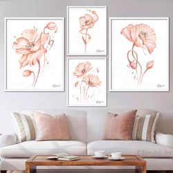 Light coral blush botanical wall art, Flower print Poppy canvas painting, Minimalist abstract poster, Modern Floral art