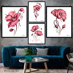Bright pink poppy wall art print Minimalist abstract flower Modern botanical poster Floral decor Large canvas painting