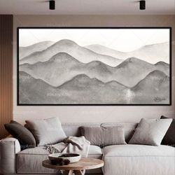 Gray warm mountains wall art Black and white Abstract panoramic landscape Nature Big canvas painting, Modern home decor