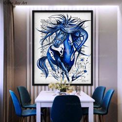 Magical horse wall art print by IrinJoyArt Dictionary old book page art Animal illustration Home blue vintage bedroom