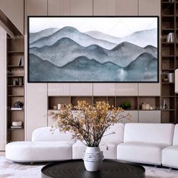 Gray Turquoise mountains wall art Abstract grey panoramic landscape print Nature canvas painting, Modern home bedroom