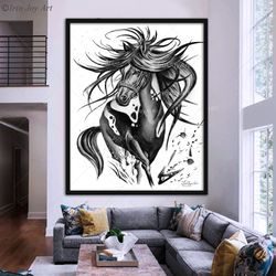 Black and white horse wall art B&W running horse large canvas Equine photo print Watercolor animal painting, Abstract