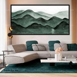 Neutral green mountains wall art Abstract green panoramic landscape print Nature canvas painting, Modern home bedroom