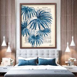 Palm leaf art Navy blue grey neutral coastal tropical wall decor Antique Botanical canvas Dictionary vintage book page